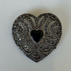 Antique Heart-Shaped  Silver & Black stone Brooch